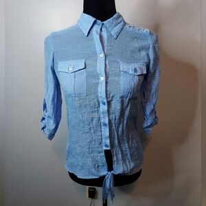IZ Byer Size Small Tie Front Shirt/Blouse Lace Knot Blue Women's